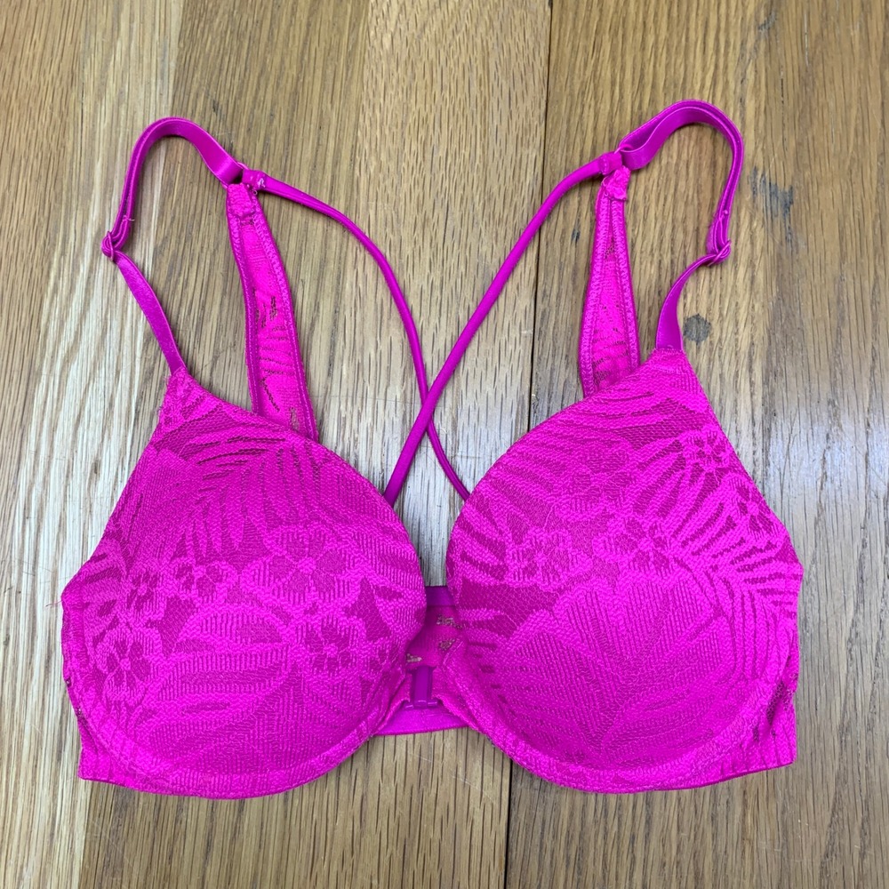Victoria's Secret PINK Hot Pink Palm Lace Push-Up Front-Close‎ Bra Size 32C